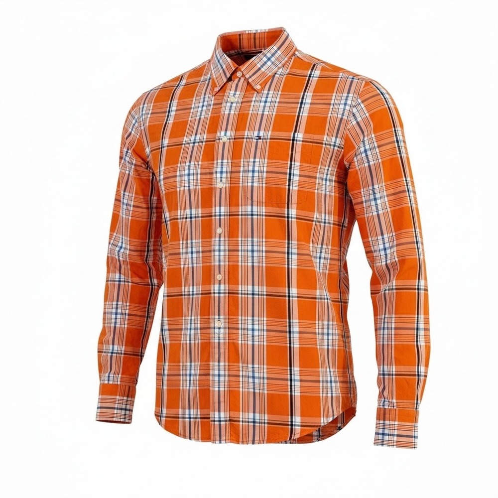 Tommy Hilfiger Vintage Mens L Plaid Button Down Long Sleeve Shirt Orange Cotton